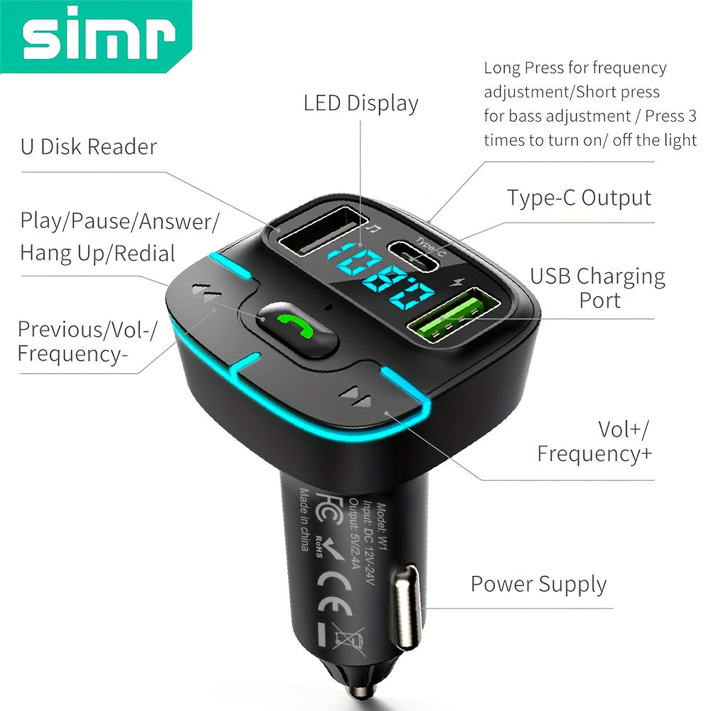 Super Lossless Sound Wireless Car MP3 Player FM Transmitter with Dual USB Fast Charging, Type-C USB, Hands-Free Calling, and Audio Receiver.