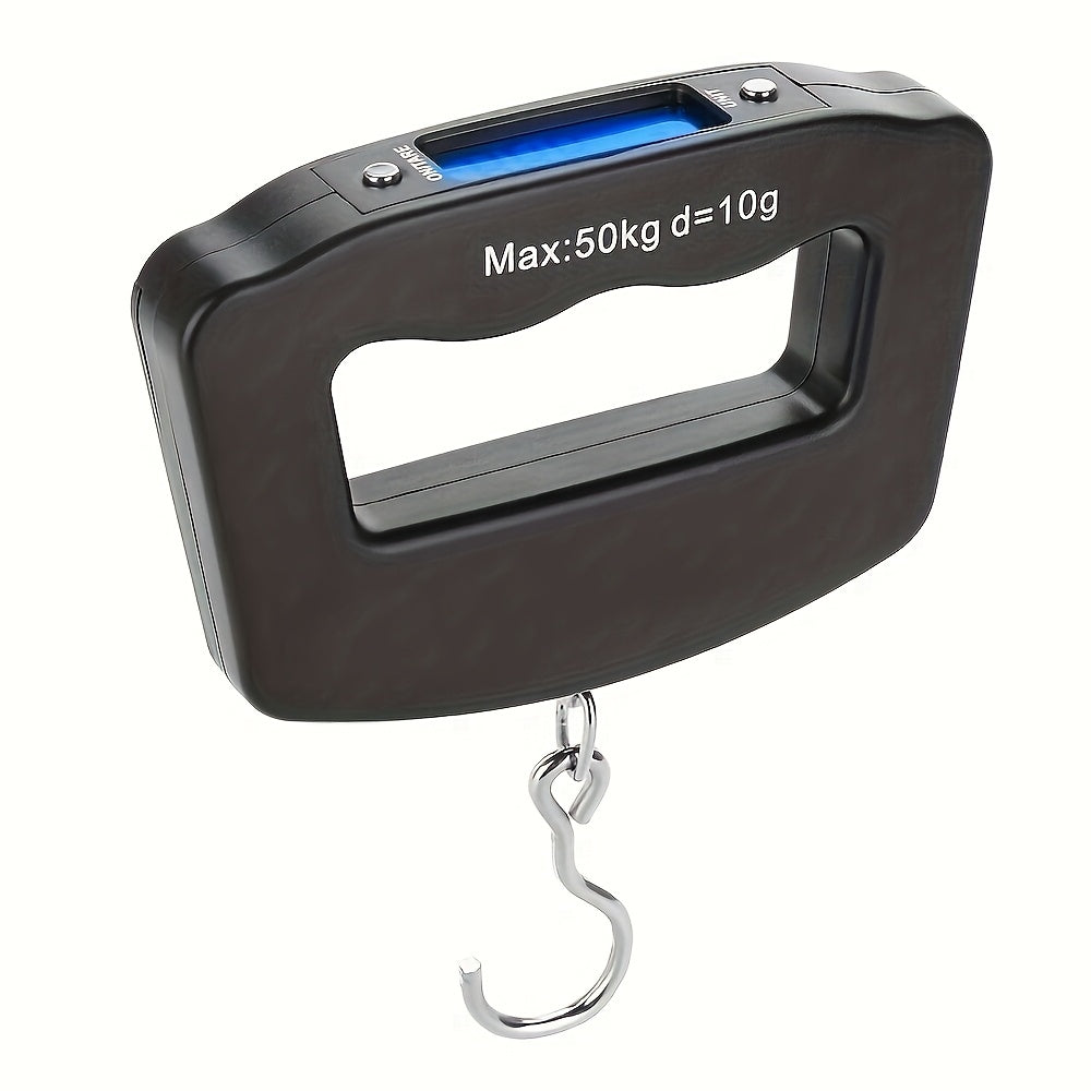 Handheld digital luggage scale with backlit display. Plastic material, commute style, wipe clean. Battery powered (batteries not included). Safe for use with voltage ≤36V.