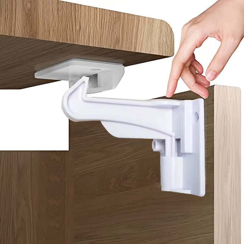 This set includes 8 child safety cabinet latches made of ABS material that is phthalate-free. They are easy to install with no drilling required, providing a secure fit. The invisible locks are perfect for drawers and countertop overhangs, recommended