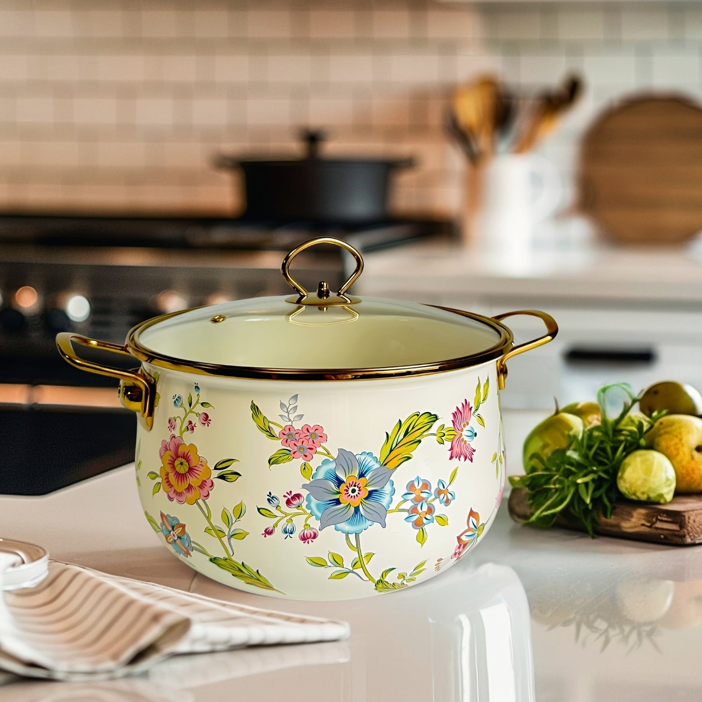 Dual-handled Enamel Soup Pot with Large Capacity - Non-Stick, Dishwasher Safe, Colorful Floral Design for Healthy Cooking in Phnom Penh, Fresh Small, Double Ears