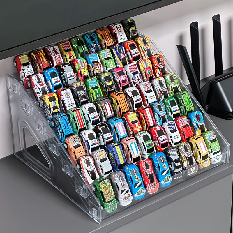 Acrylic display rack for toy cars and jewelry - stackable, multi-layer design, great for Christmas gifts.