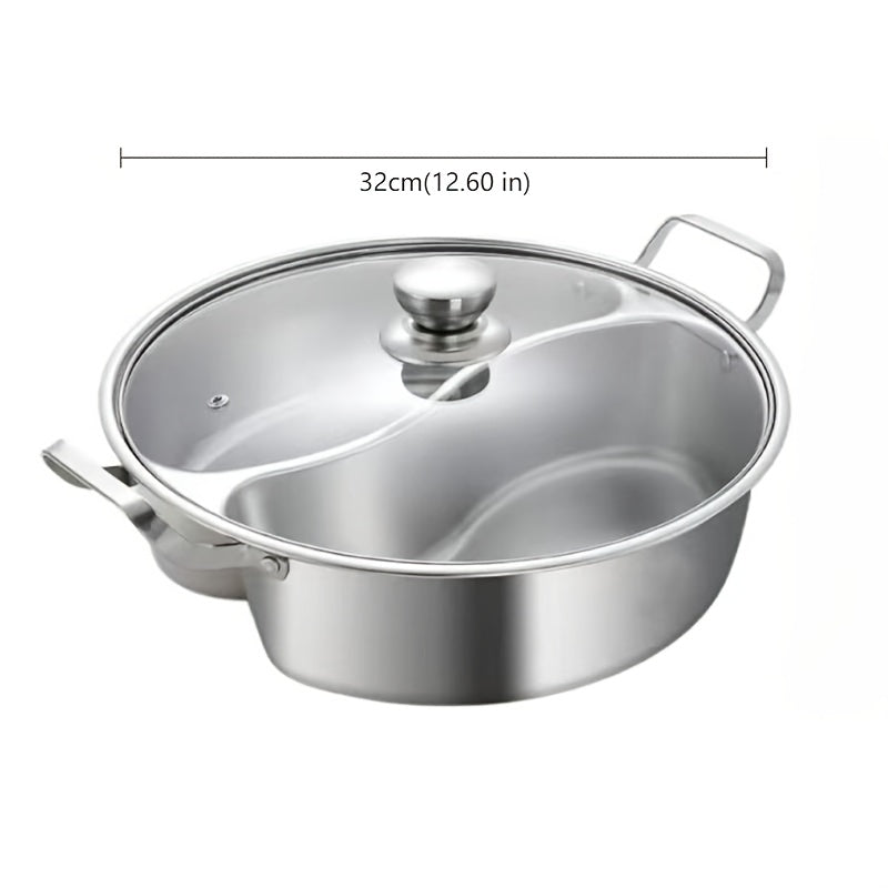 32.0cm Stainless Steel Double-Flavor Hot Pot Set - Induction Ready, Thick Walls for Flavor Isolation, Serves 4-6, Great for Home, Parties, and Camping