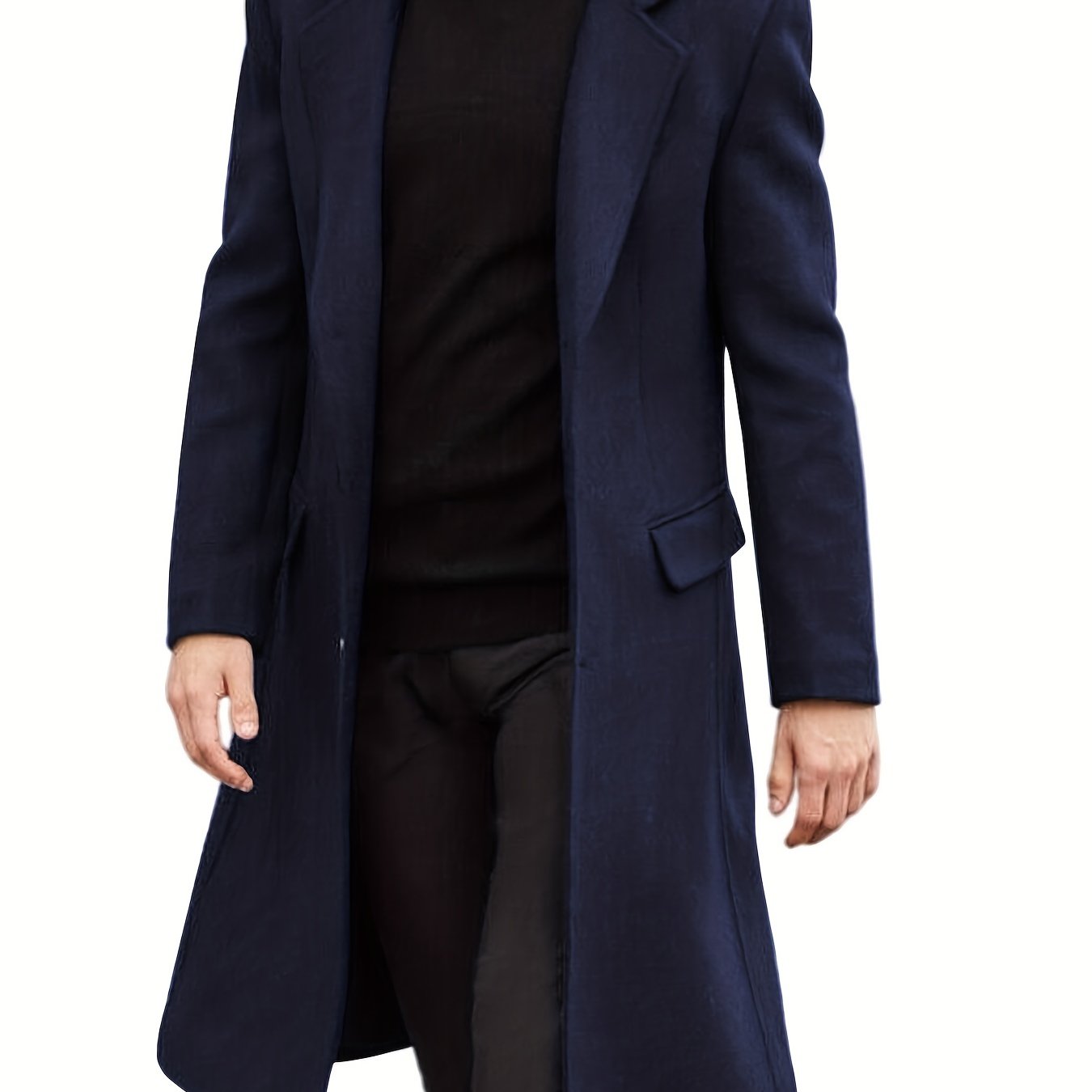 Red men's mid-length pea coat with single-breasted design, perfect for fall/winter. Made of polyester fabric with pockets and button closure. Suitable for casual or business wear, ideal for