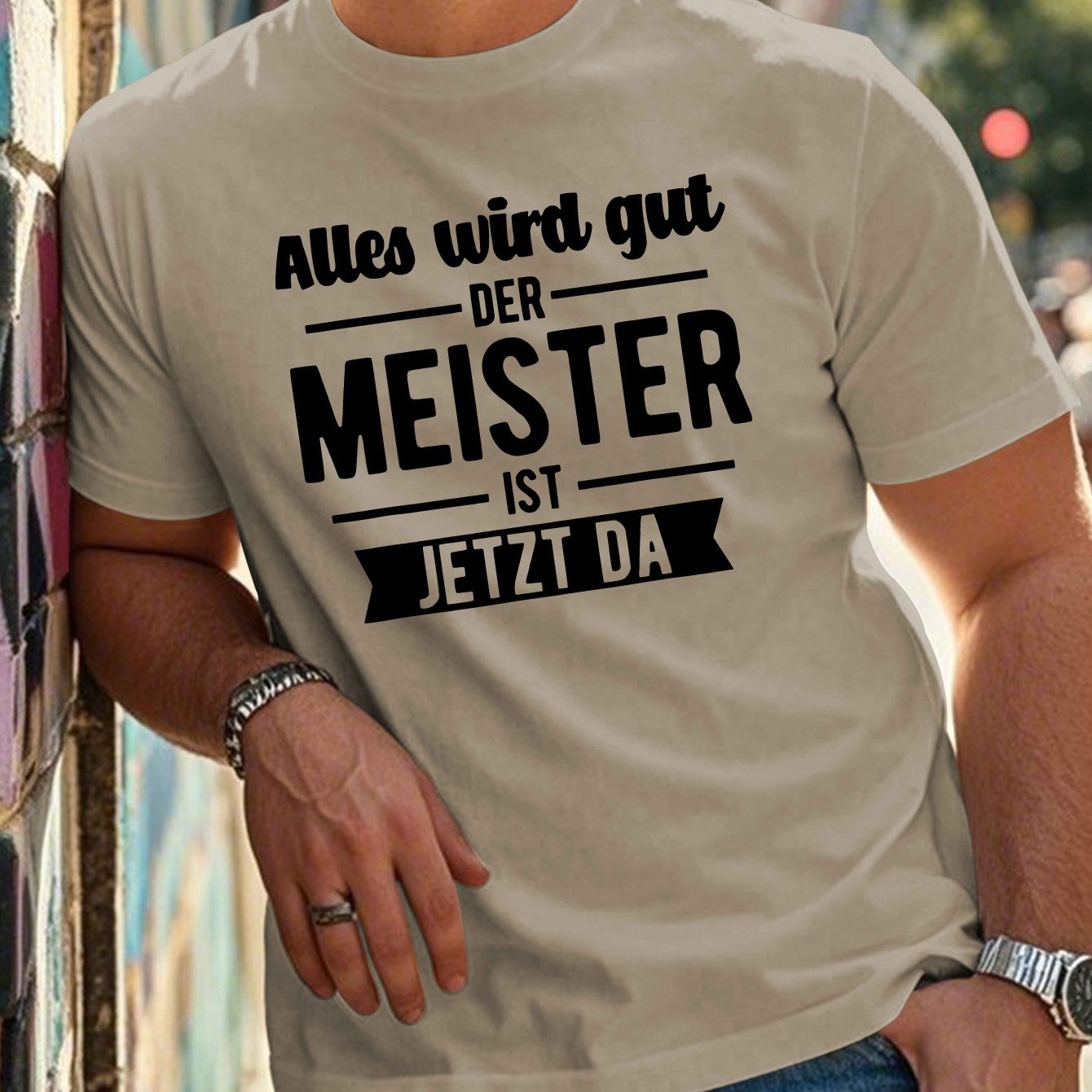 Dark gray crew neck T-shirt for plus-sized men, with funny German quote. Made of 100% polyester, ideal for summer wear and machine washable.