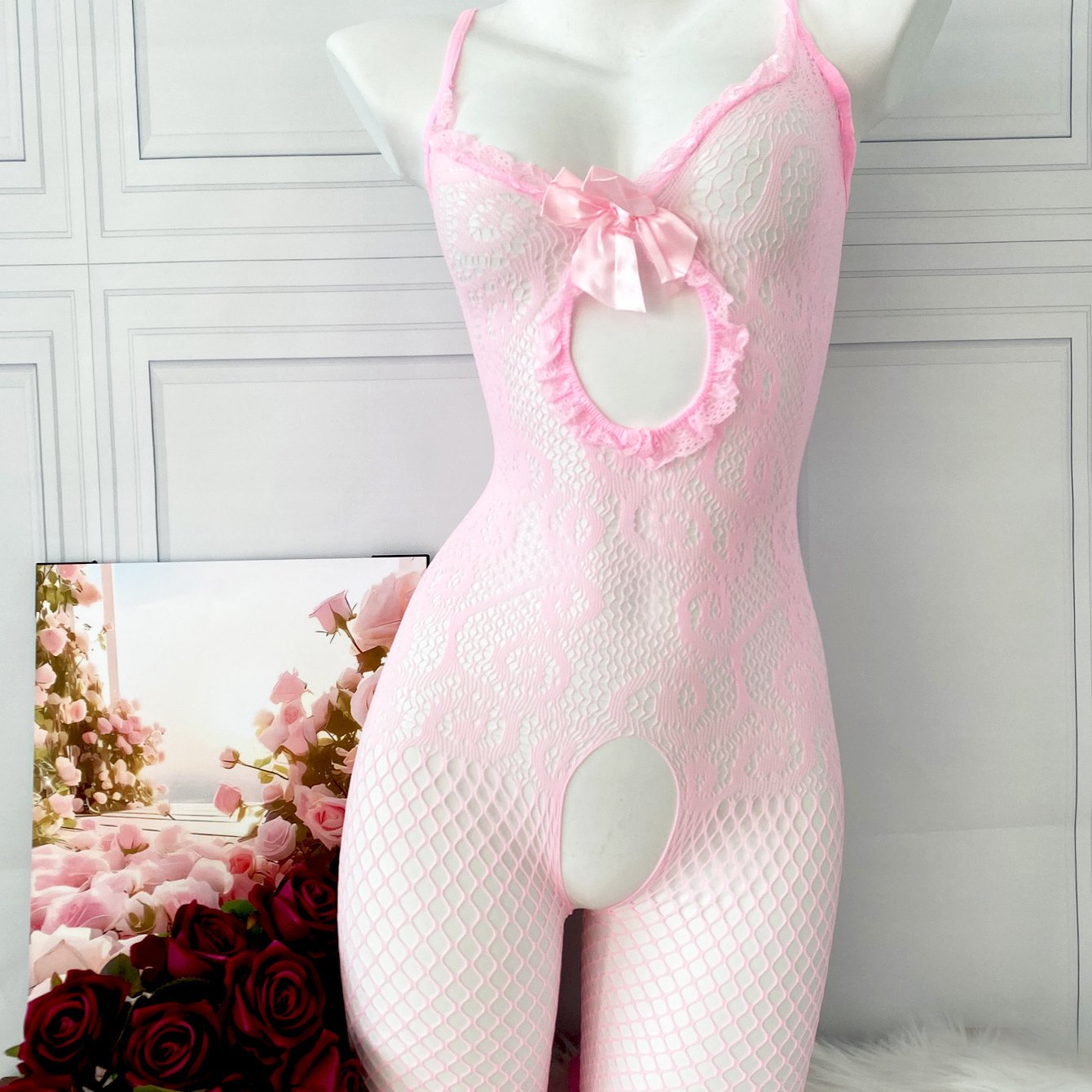 Sexy Jacquard Knit Bodysuit for Women - Fishnet design with front bow detail, open crotch lingerie for intimate nights and special occasions