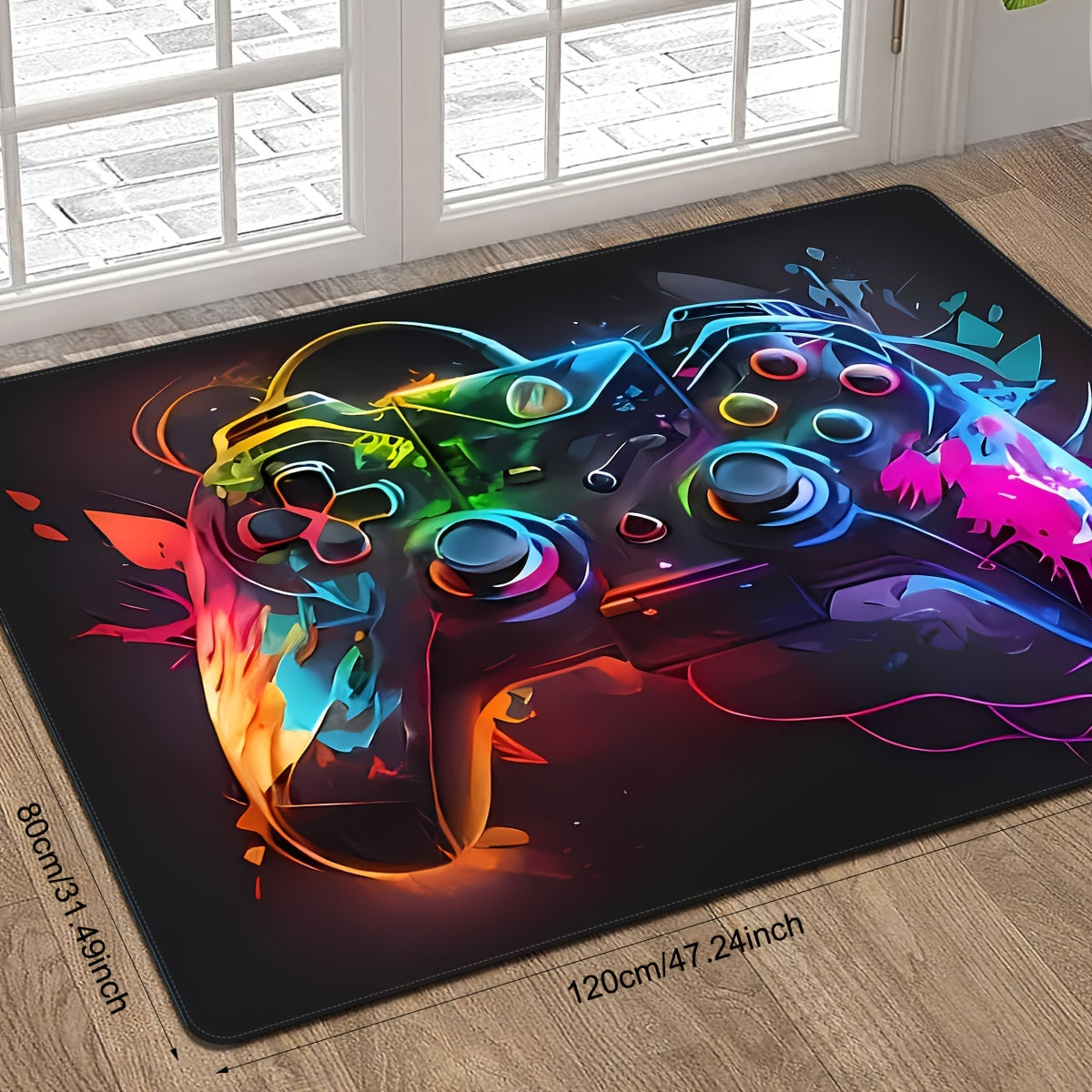 Polyester non-slip rug featuring a game console element pattern, perfect for high-traffic areas like bedrooms, offices, and living rooms. Easy to clean and durable.