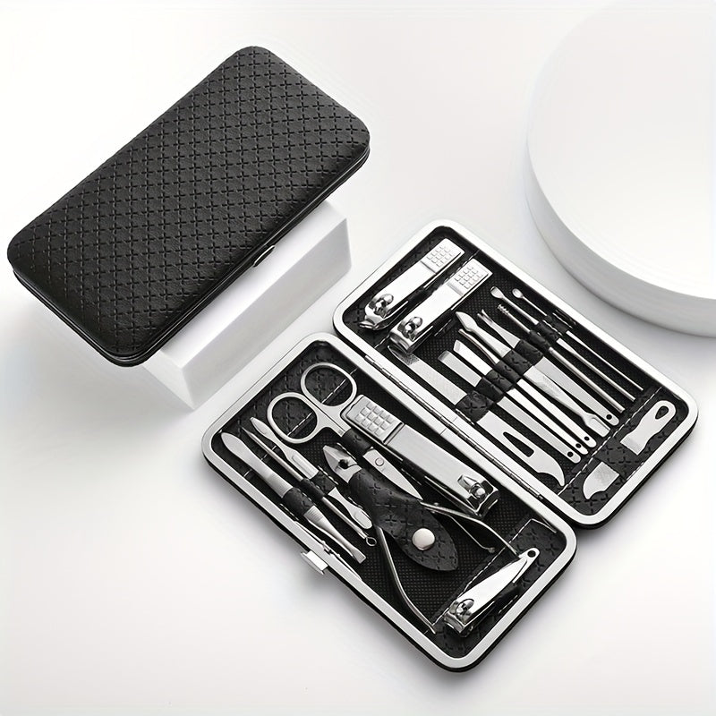 19-piece stainless steel personal care set with manicure nail clippers, ear picking spoon, and travel case.