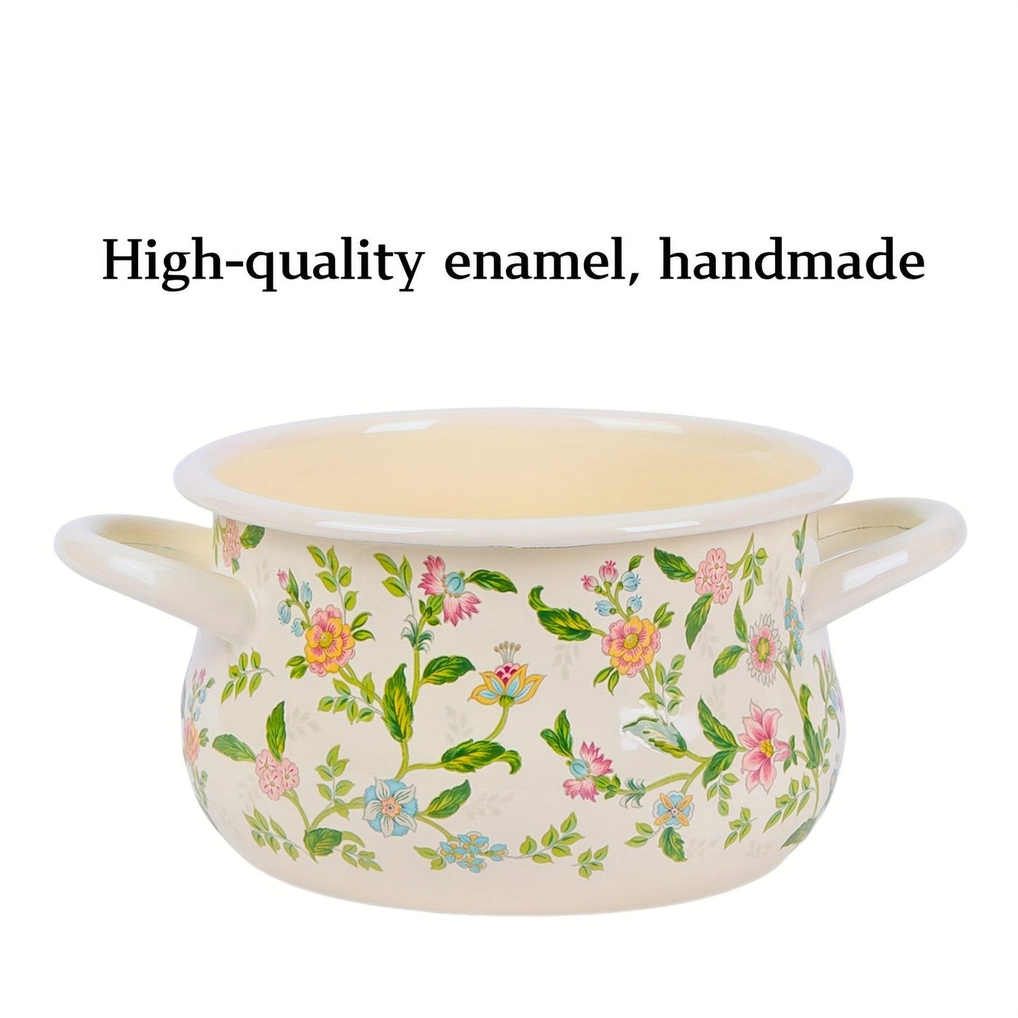 Floral Soup Pot with Enamel Finish and Rolled Edges - Perfect for both Open Fire and Induction Cooktops, Ideal for a Fresh Cooking Adventure