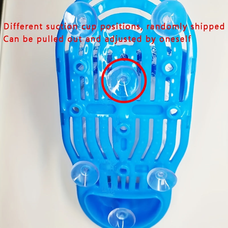 Foot washing brush with suction cup, removes dead skin and massages foot.