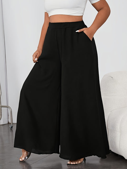 Elegant Elastic Waist Wide Leg Pants with Solid Pocket for Spring & Summer, Women's Plus Size Clothing.