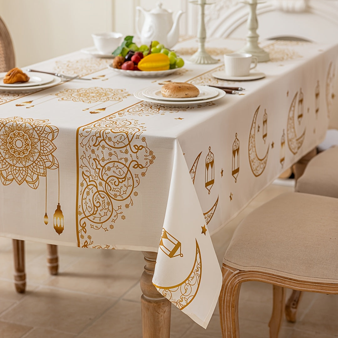 Bohemian Geometric Pattern Ramadan Eid Al-Fitr Tablecloth with Golden Moon and Star Design, made of 100% polyester, suitable for Iftar, parties, festivals, and gifting.