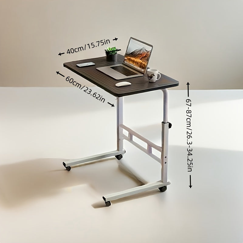 Rolling desk with adjustable height, space-saving metal frame. Ideal for home office and bedroom use. Available in ginger, white, black.