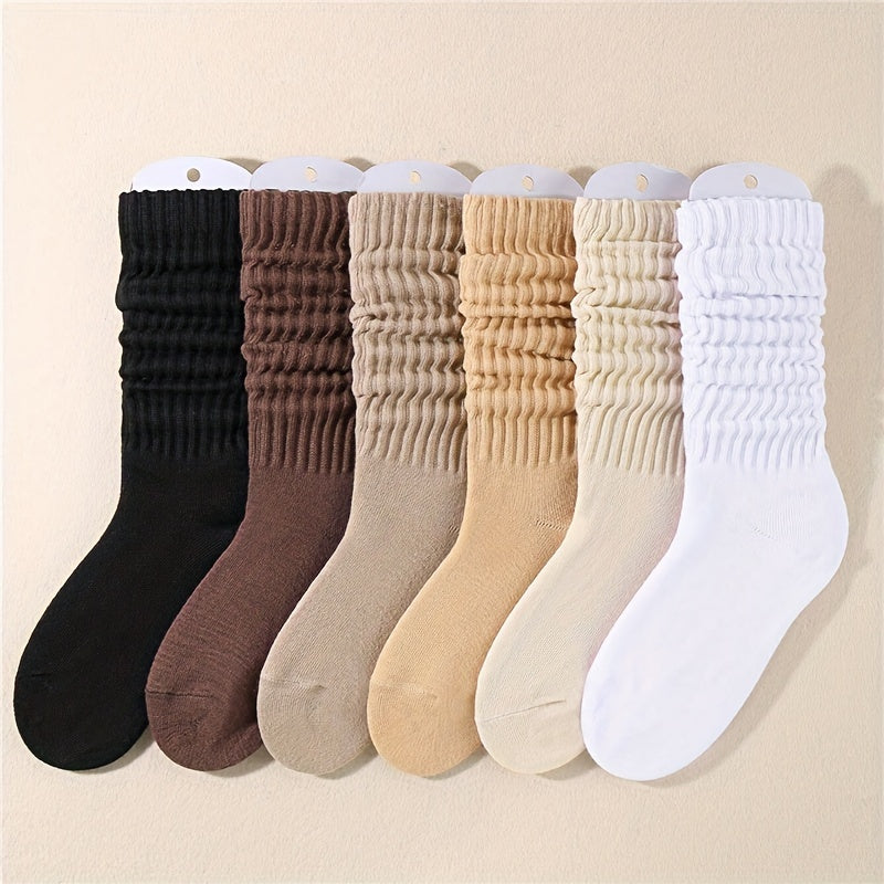 6 pairs of women's mid-tube socks, solid colors, comfy and soft.