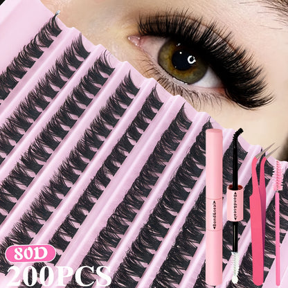 200pcs DIY Eyelash Extension Kit with mixed 8-16mm lengths, waterproof faux mink lashes suitable for all eye shapes. Soft, comfortable, and easy to apply for beginners, reusable with