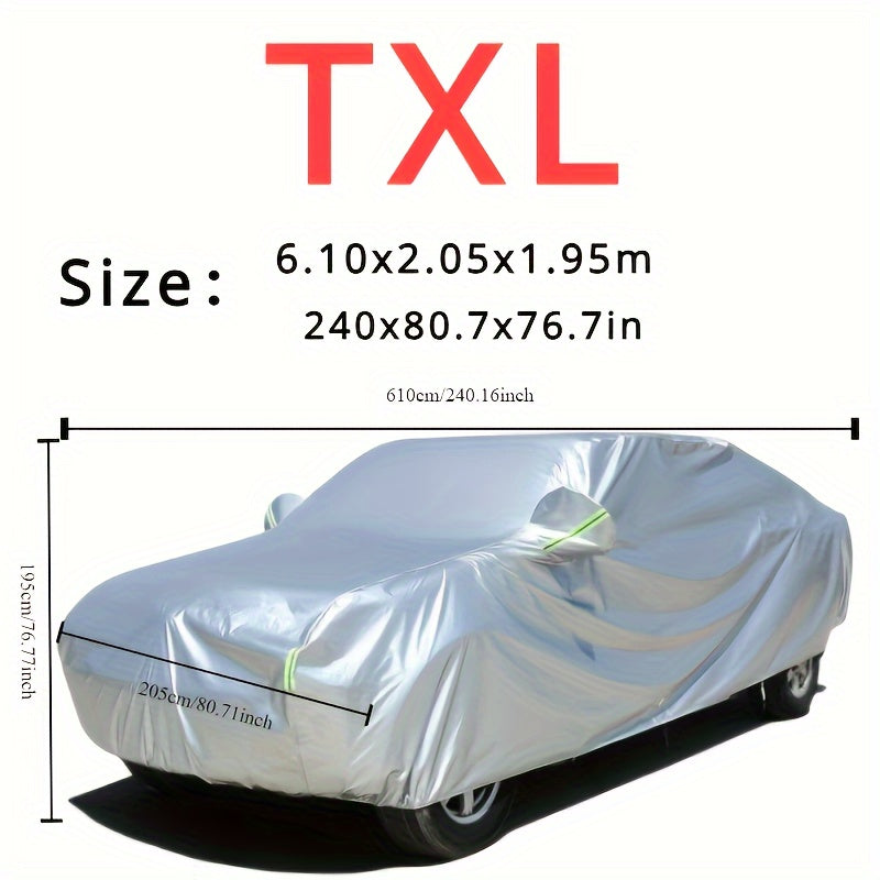 Car cover with UV and dust protection, suitable for cars, pickups, SUVs, and hatchbacks. Features reflective strip for added protection. Suitable for outdoor use.