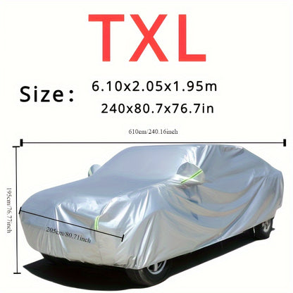 Car cover with UV and dust protection, suitable for cars, pickups, SUVs, and hatchbacks. Features reflective strip for added protection. Suitable for outdoor use.