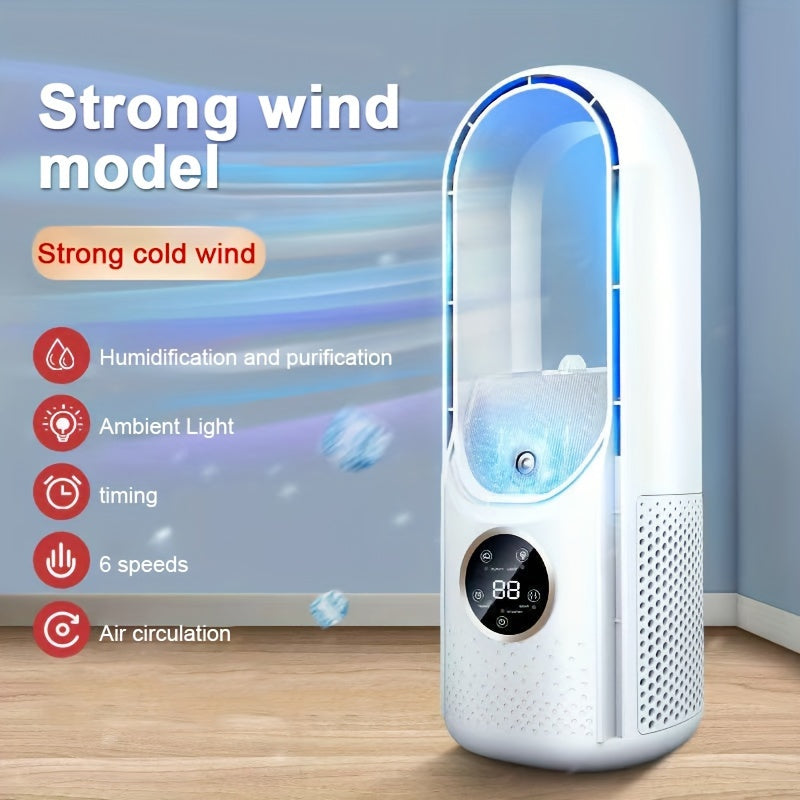 Introducing the latest innovation in cooling technology: The revolutionary Large Wind Power Countertop Fan with No Blades. This super silent fan not only provides a refreshing breeze, but also doubles as a small air conditioner for your home or