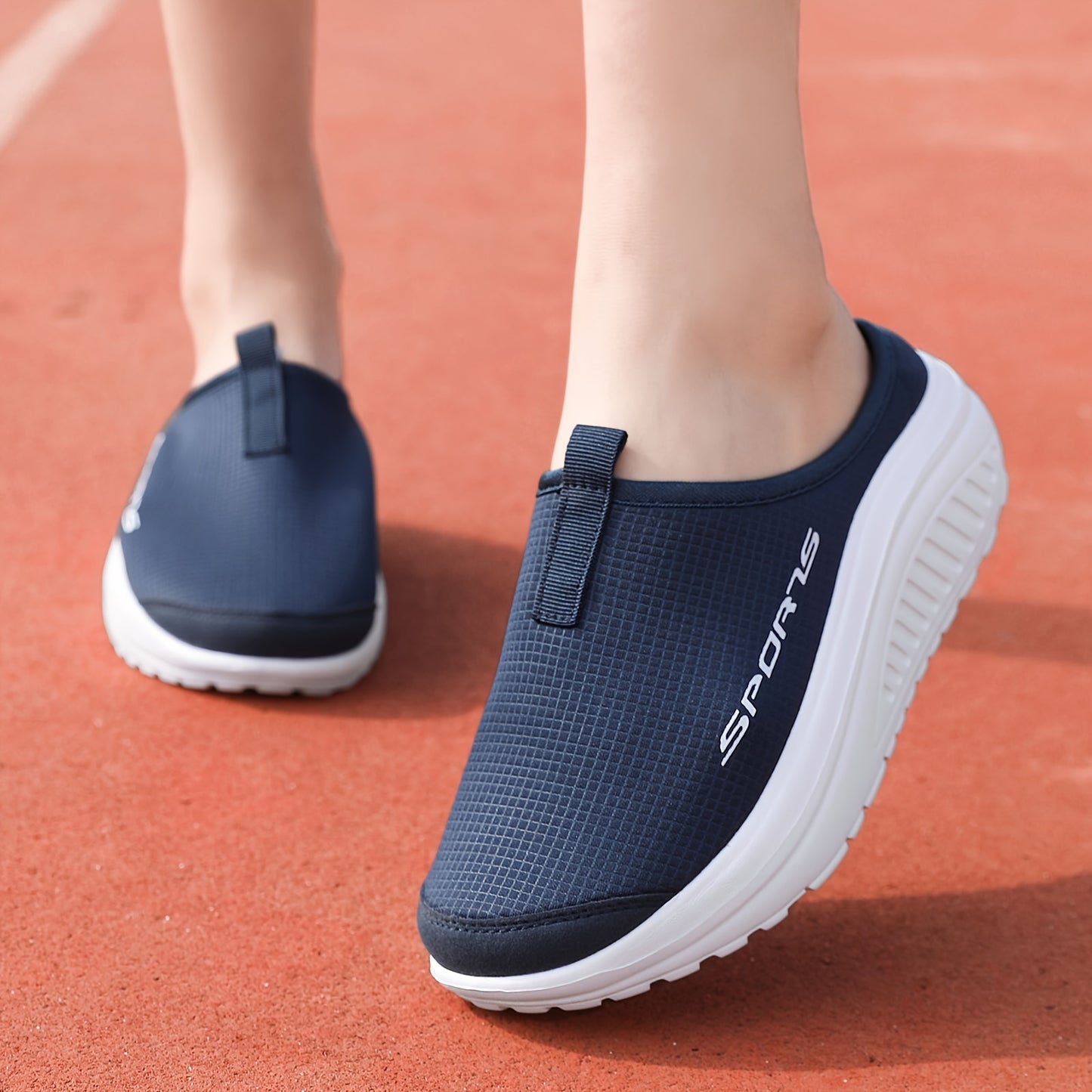 Breathable knit slip-on sneakers with a comfortable EVA rocker sole, beige with sporty logo, suitable for all seasons. Casual low-top design. Durable footwear and shoe accessories.