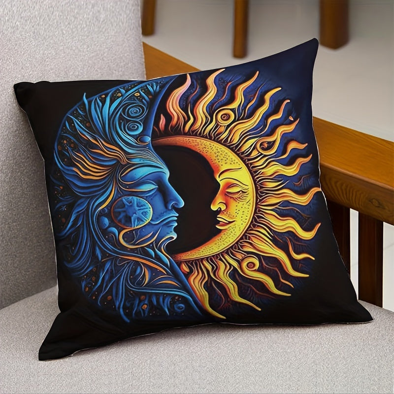 Sun and Moon throw pillow cover - 44.96x44.96 cm, cosmic art design, zippered polyester square case, contemporary style, machine washable, no insert