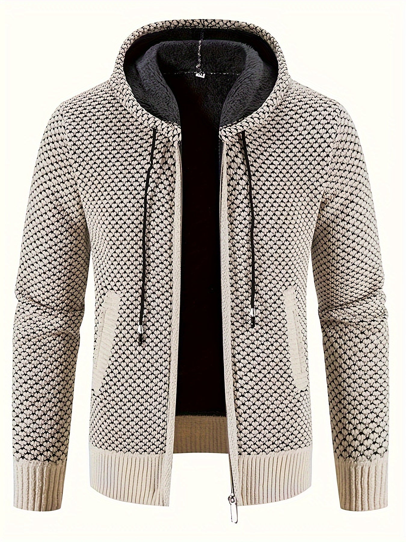 Men's casual fish scales knit cardigan with pockets, hood, and long sleeves made of 100% polyester. Suitable for fall/winter outerwear.