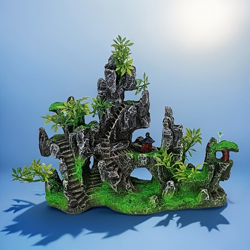 Resin rockery mountain design aquarium decoration with miniature plants and hardscape for fish tank landscape.