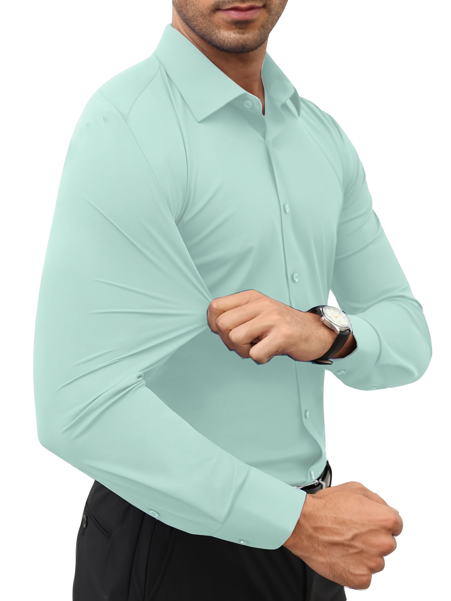 Slim fit long sleeve shirt for men made of 55% cotton, 40% polyester, and 5% spandex. Solid color with lapel collar, button-up closure, and all-season wear. Casual weekend wear, woven