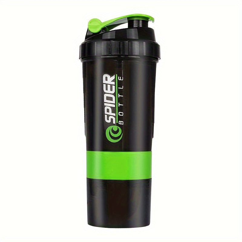 16oz sports water bottle with non-slip three-layer design, twistable mixer for protein powder, leak-proof, and storage for shaking.