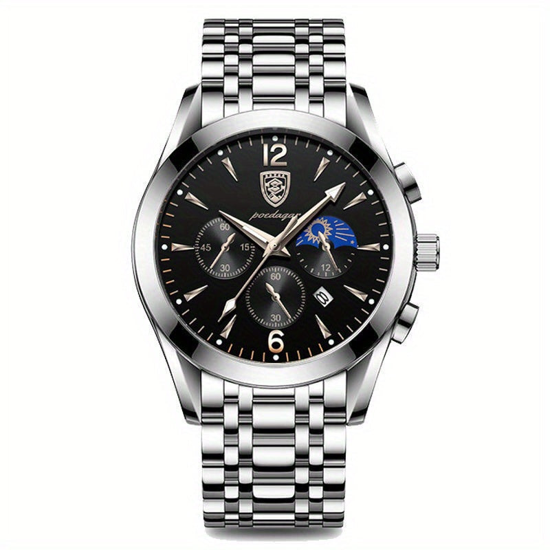 Get the POEDAGAR Glow Calendar Stainless Steel Quartz Watch - A Perfect Gift for Men's Accessories