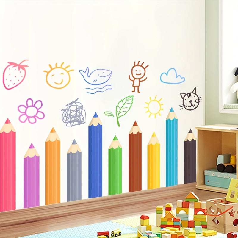 Playful cartoon wall stickers featuring school supplies for kids' rooms.