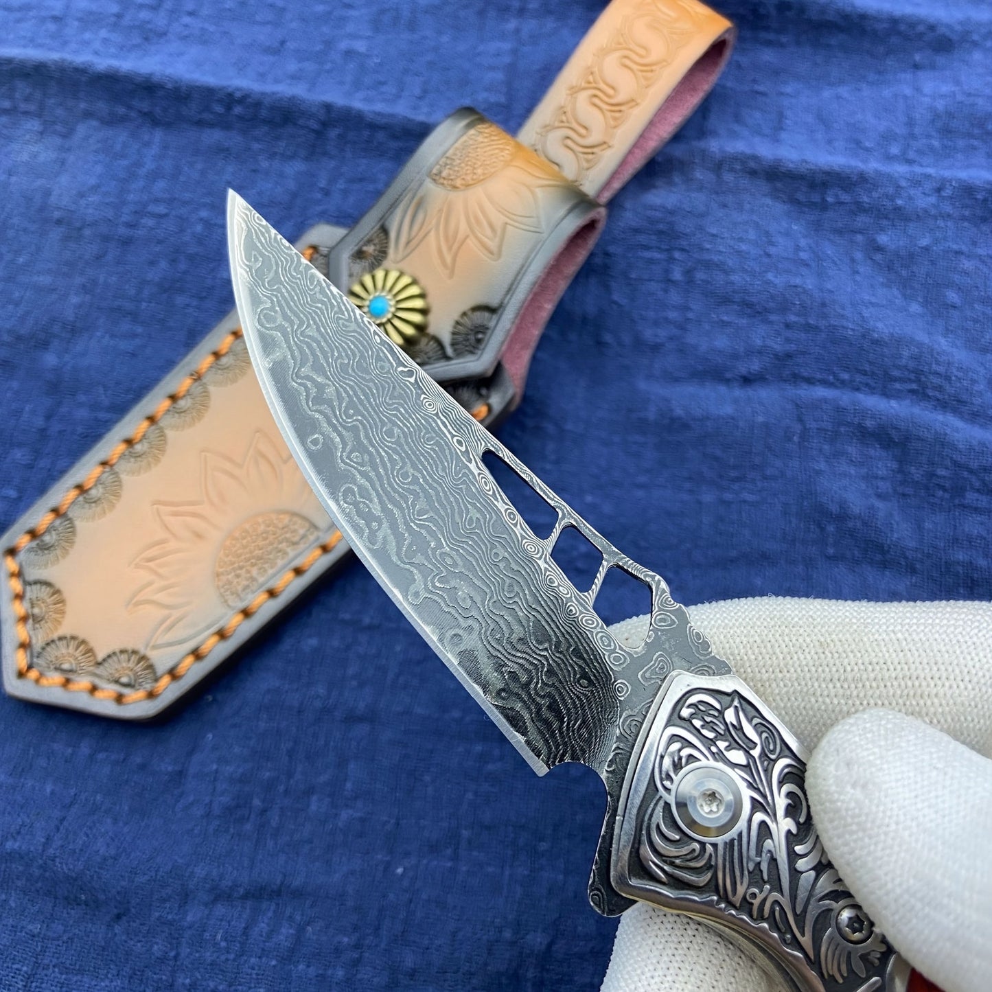 Leather Sheath for Damascus Folding Knife, Beautiful Sunflower Print Design with Convenient Carrying Rope for Easy Transportation