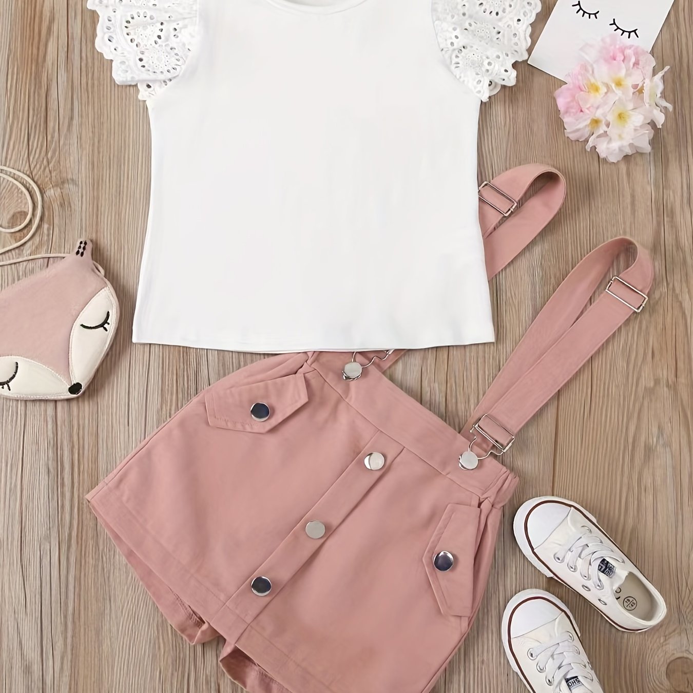 Girls' summer outfit: ruffle top and suspender shorts