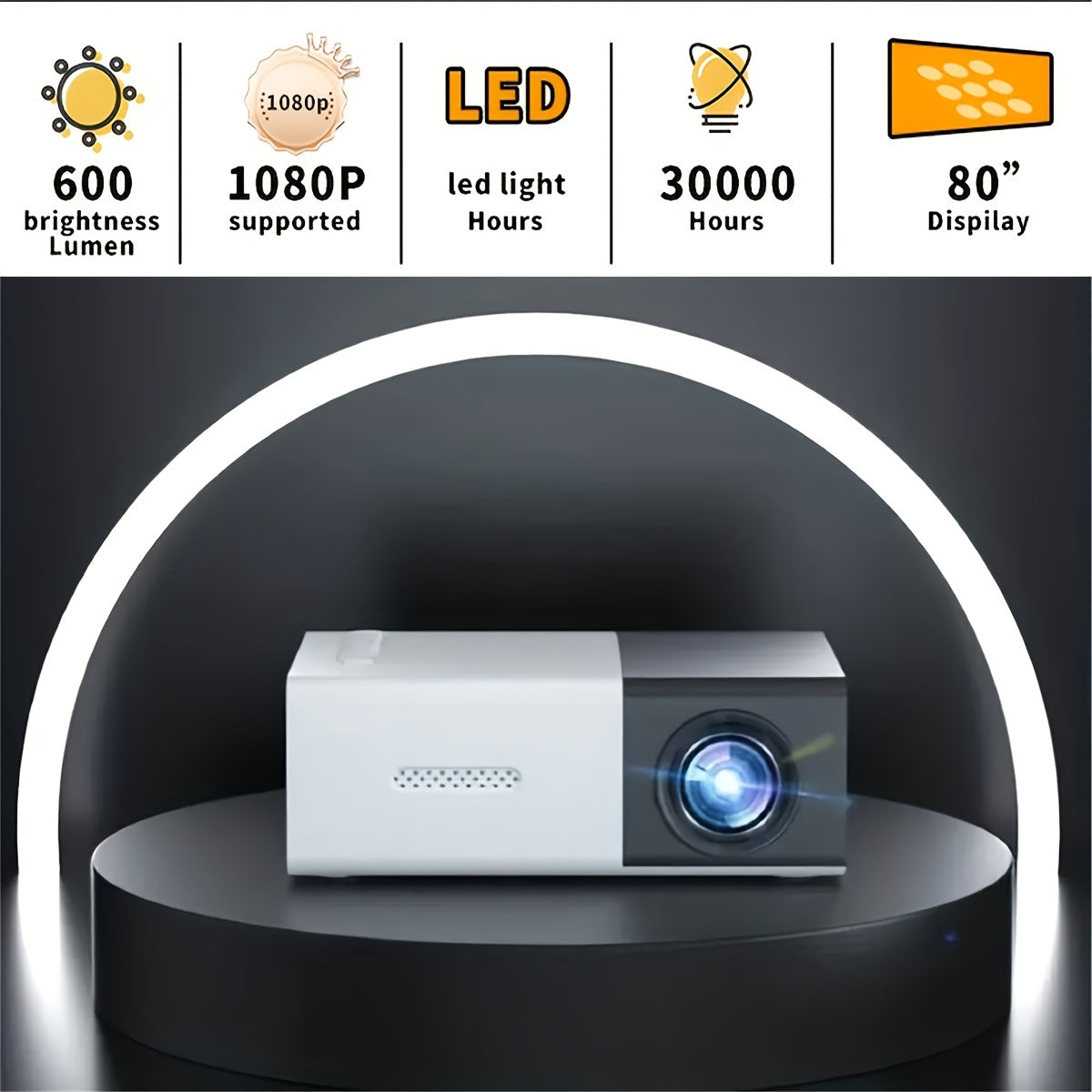 EU plug mini projector with 720P/1080P support, compatible with smartphone and USB port. Features SD memory card/AV/USB connection on the same screen. 2800 brightness lumens.