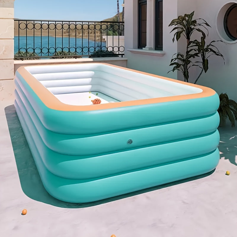 Large inflatable swimming pool for adults - 3m x 2.5m, reinforced and thickened, green and orange water park design with 4 rings, portable folding summer pool.