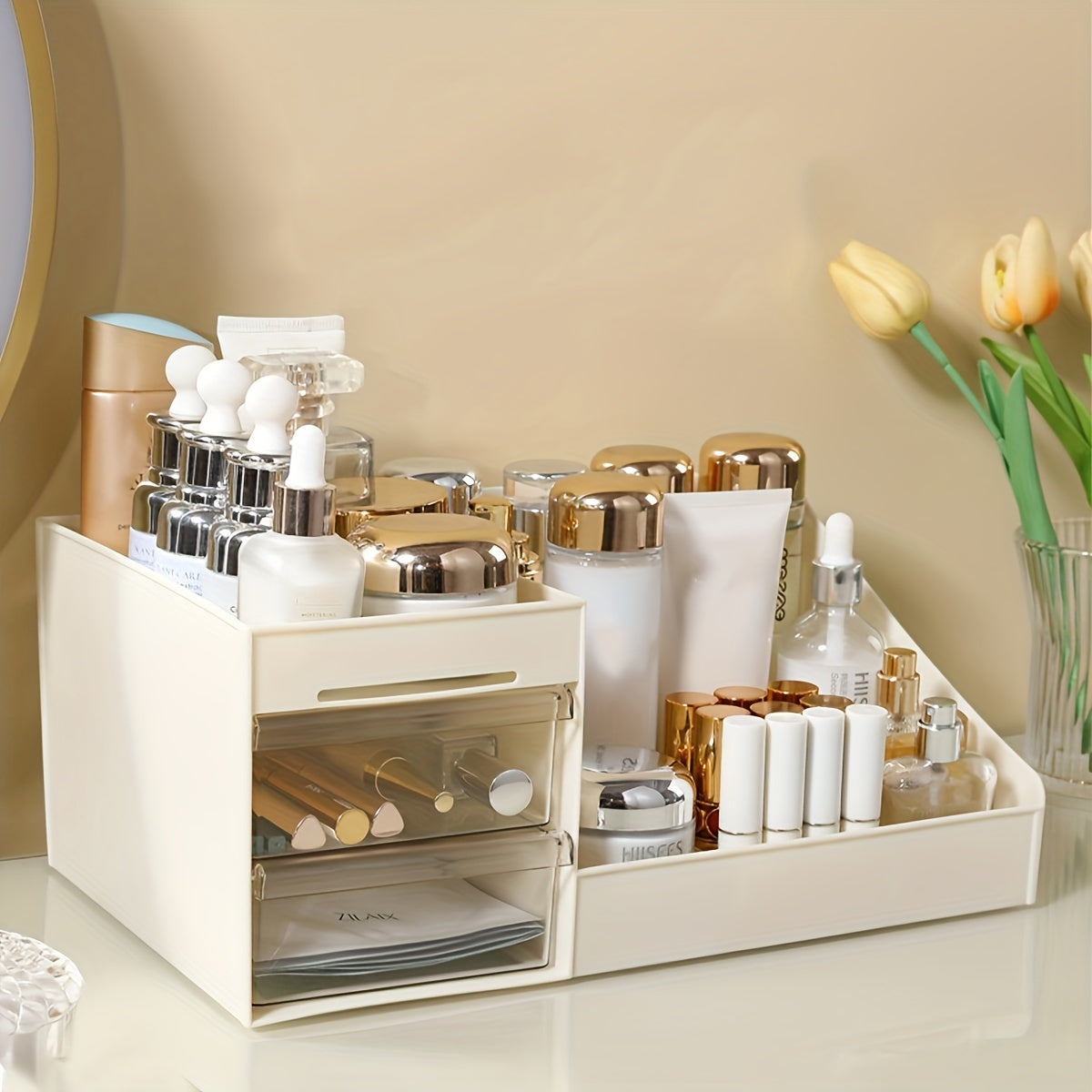 Large makeup organizer with drawers in cream & gold finish. Ideal for skincare, brushes, beauty blenders, perfumes, and nail art. Durable plastic, no power required.