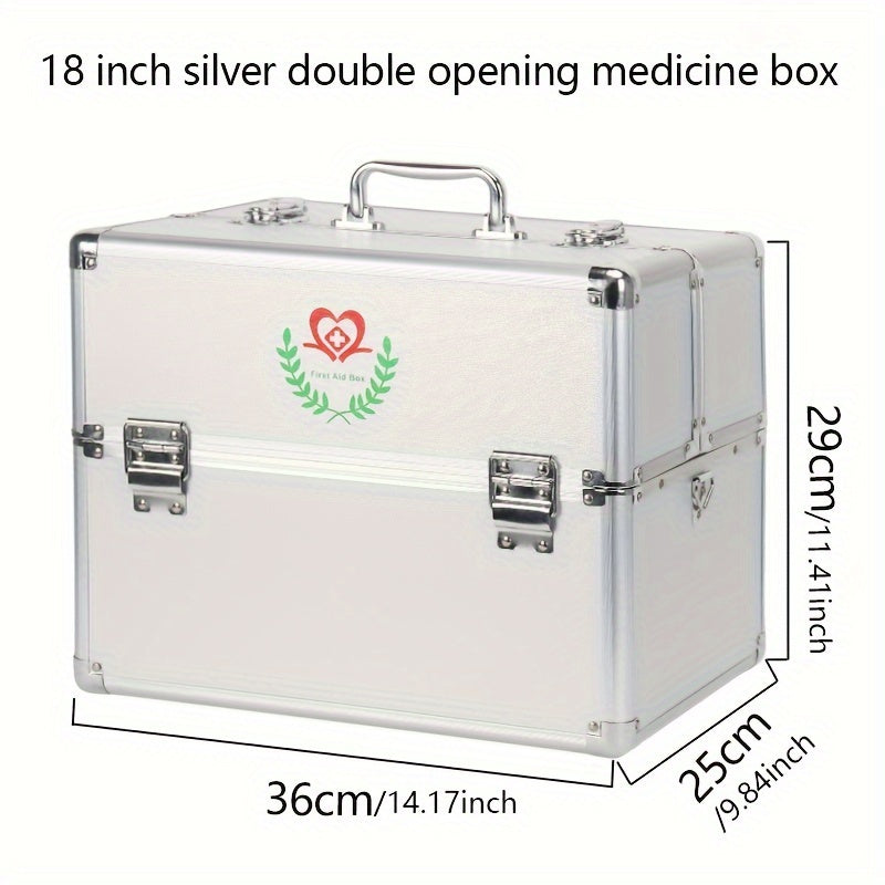 Portable aluminum first aid kit with multiple storage layers for indoor and outdoor use.