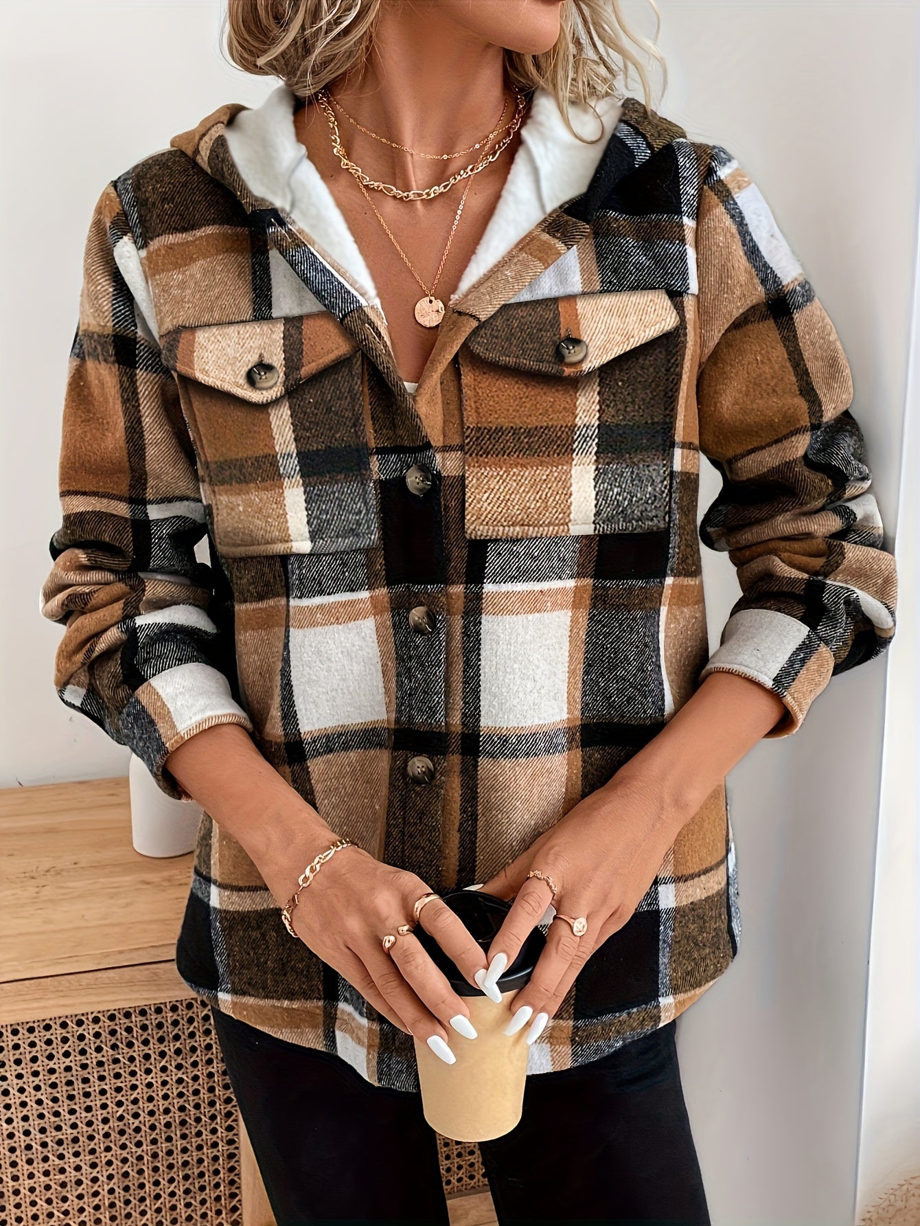 Women's casual plaid jacket with fleece lining, 100% polyester woven shirt, button detail, and all-season warmth.