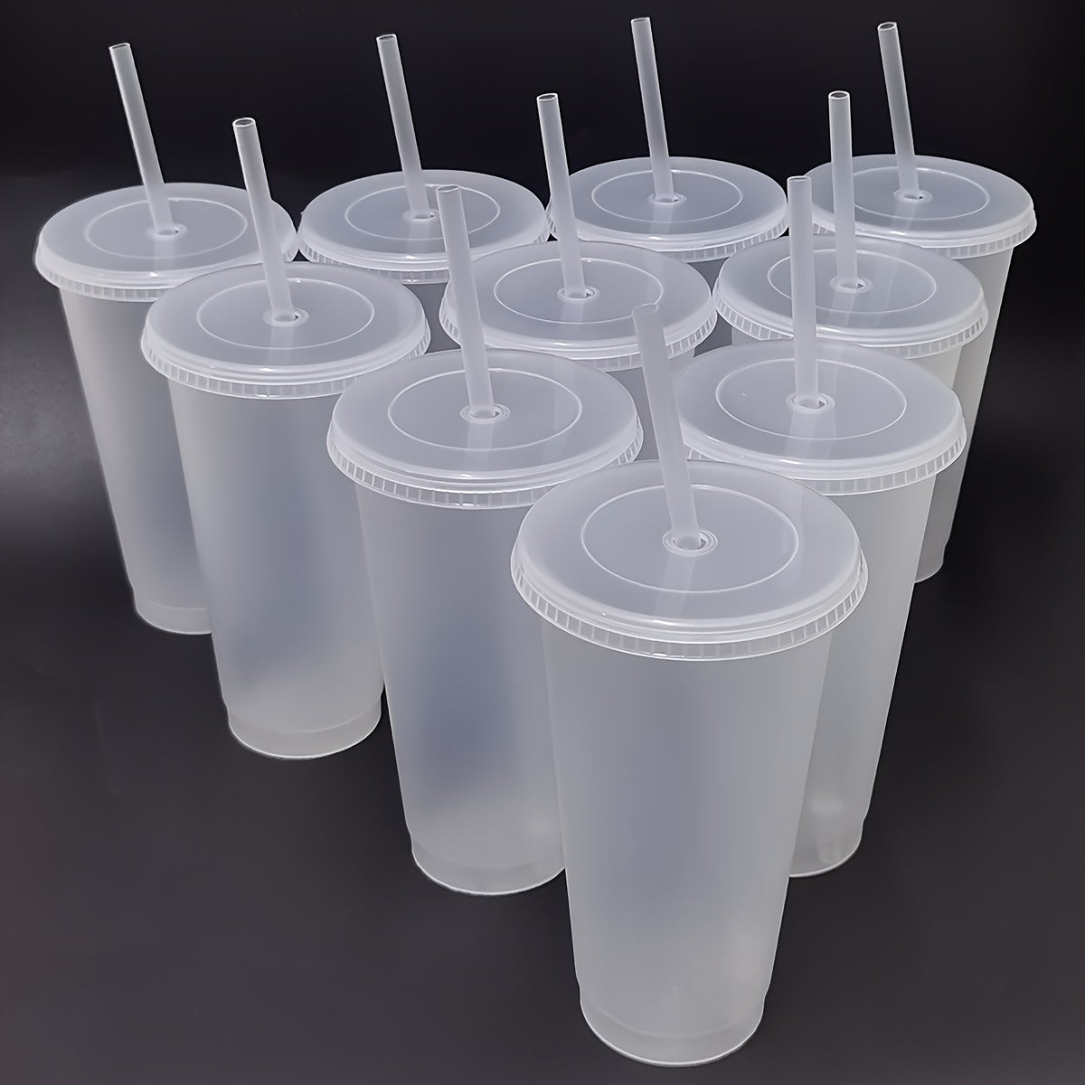 10 piece set of leak-proof 24oz reusable plastic tumblers with lids and straws. Ideal for various occasions like baseball games, parties, and holidays. Free of PVC. Great for Christmas, Halloween, Graduation, Juneteenth, and Labor Day.