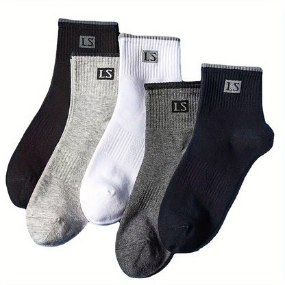 5 pairs of men's crew socks with alphabet pattern, made of knit polyester and spandex blend, breathable and soft, suitable for sports and casual wear, machine washable.