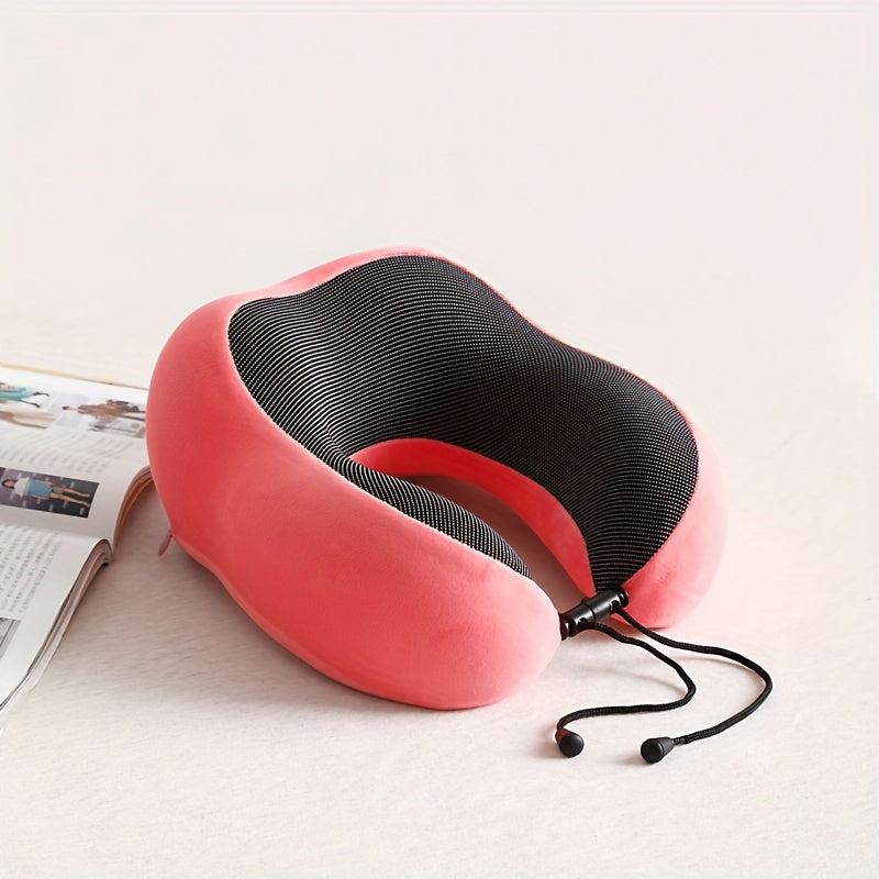 Ergonomic memory foam U-shaped travel pillow for comfortable sleep on airplanes and long journeys. Adjustable, reversible neck support cushion in medium firmness, available in red, blue