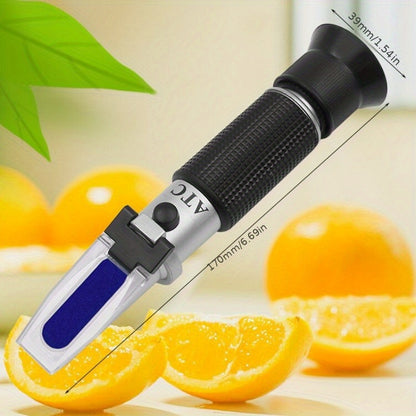 Handheld alcohol refractometer measures alcohol content and sugar concentration in wine, beer, and grapes up to 32% alcohol and Brix.