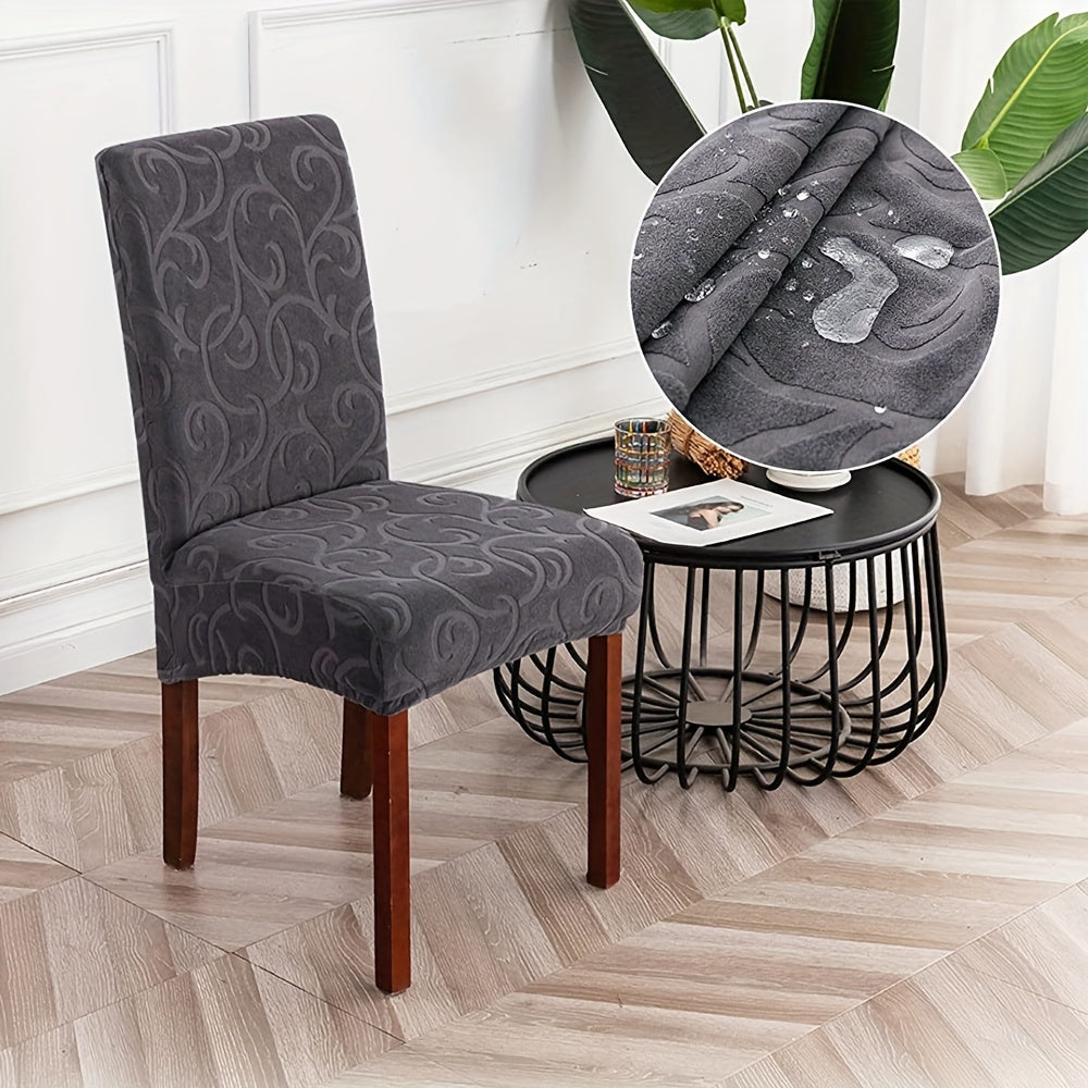 Waterproof chair slipcovers in 4pcs or 6pcs, stretch jacquard design for dining chairs. Removable, washable protector for home or commercial use.