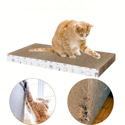 Durable cat scratcher pad made of extra-large corrugated cardboard, reversible with wave pattern, non-slip base, protects furniture and cares for cat's claws.