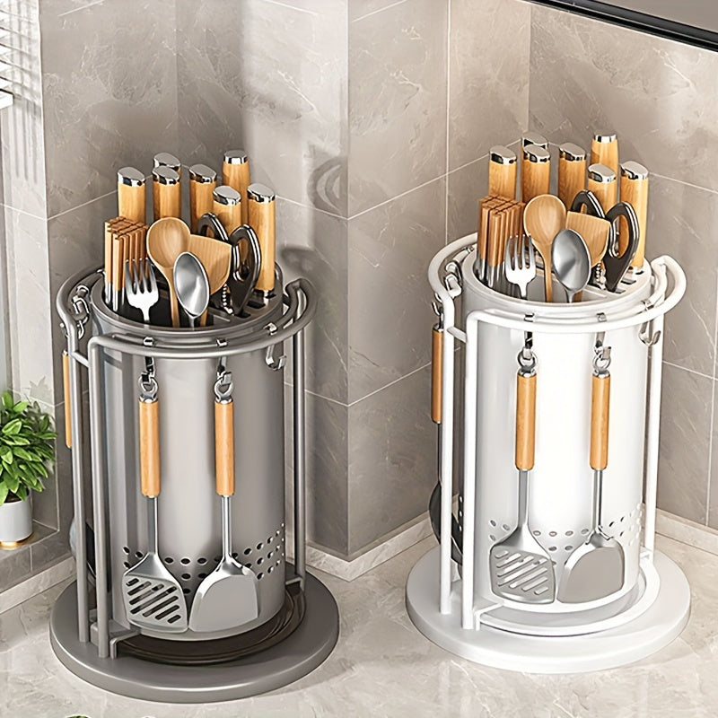 Kitchen Knife Block Set with Rotating Utensil Holder - Organize Your Cooking Tools in Style! This Multi-Functional Carbon Steel Storage Solution Saves Space for Knives, Spoons, Spatulas, and Chopsticks.