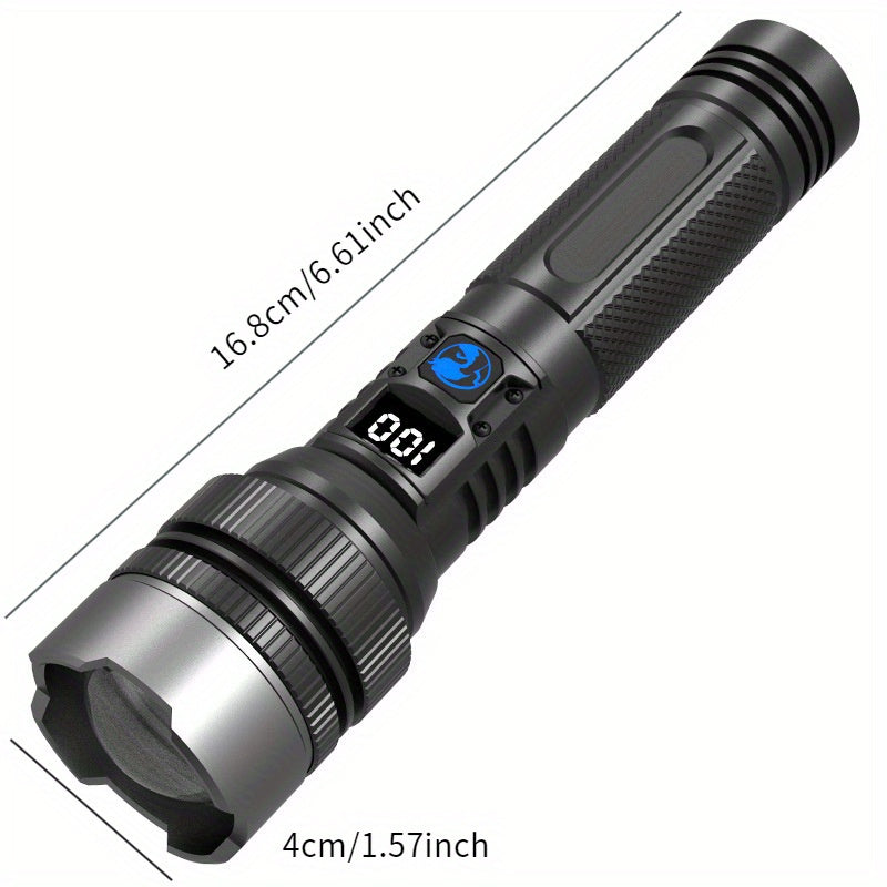 USB Rechargeable LED Flashlight with Digital Display - Compact and Durable for Outdoor Emergencies.