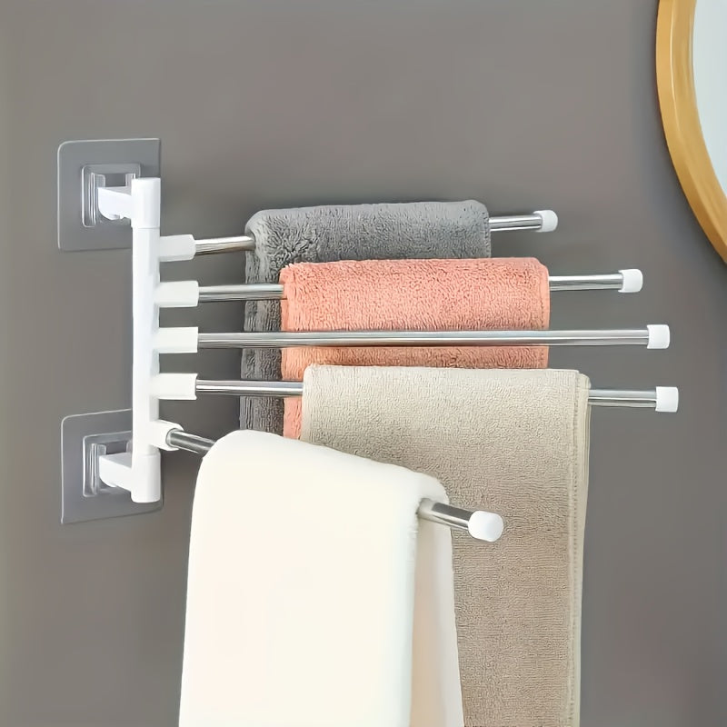 Modern wall-mounted towel rack with rotating hooks, stainless steel and plastic construction, suction cup shelf for toiletries and towels.