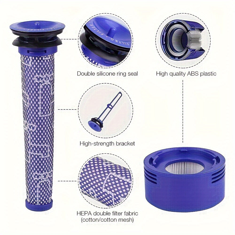 Get 8 replacement filters for Dyson V7, V8 Animal, and Absolute vacuums. These filters can be compared to parts 965661-01 and 967478-01 and include 4 pre-filters and 4 post-filters.