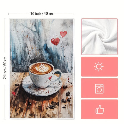 Set of 2 Ultra Soft Polyester Kitchen Towels featuring a Coffee Lover's Dream Design with Heart & Latte Art, Highly Absorbent & Machine Washable Dish Hand Towels, 40.64x60.96 cm - Ideal for Valentine's Day Decor, Coffee Lover Gift | Romantic Towel Design