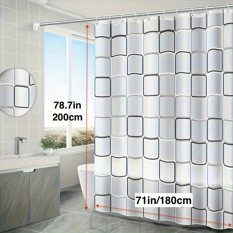 Checkered PEVA shower curtain liner with hooks, semi-transparent, waterproof, metal grommets, bathroom decor for windows.