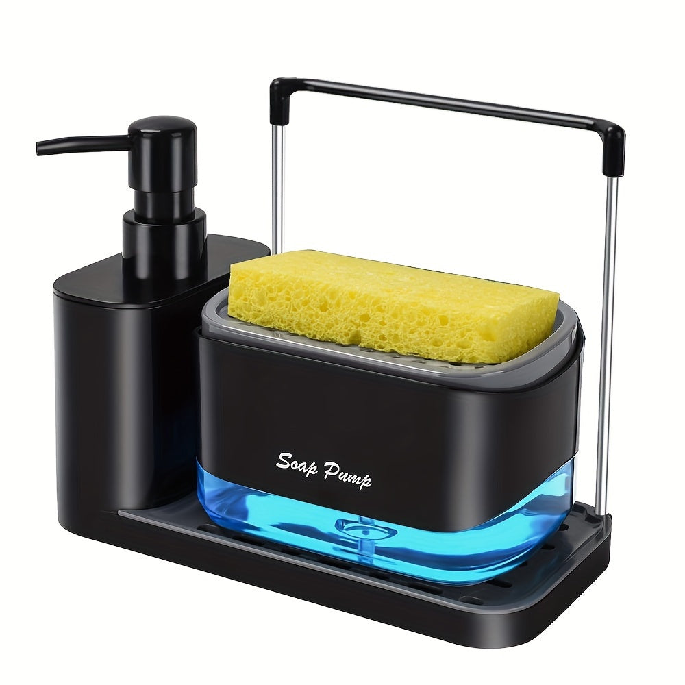 1pc Hand and dish soap dispenser set with sponge holder, dishcloth holder, and tray for kitchen sink. 5-in-1 organizer for sink countertop and bathroom.