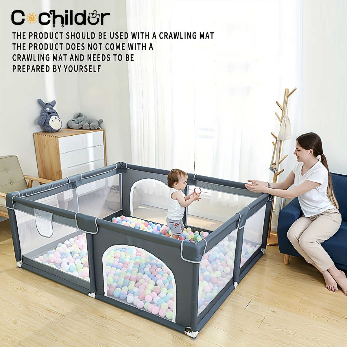 The Cochildor Baby Playpen offers a safe play area for infants and toddlers, featuring sturdy frames and breathable mesh. This portable indoor and outdoor kids' activity center is designed for children aged 0-3 years old. Made of polyester material, it